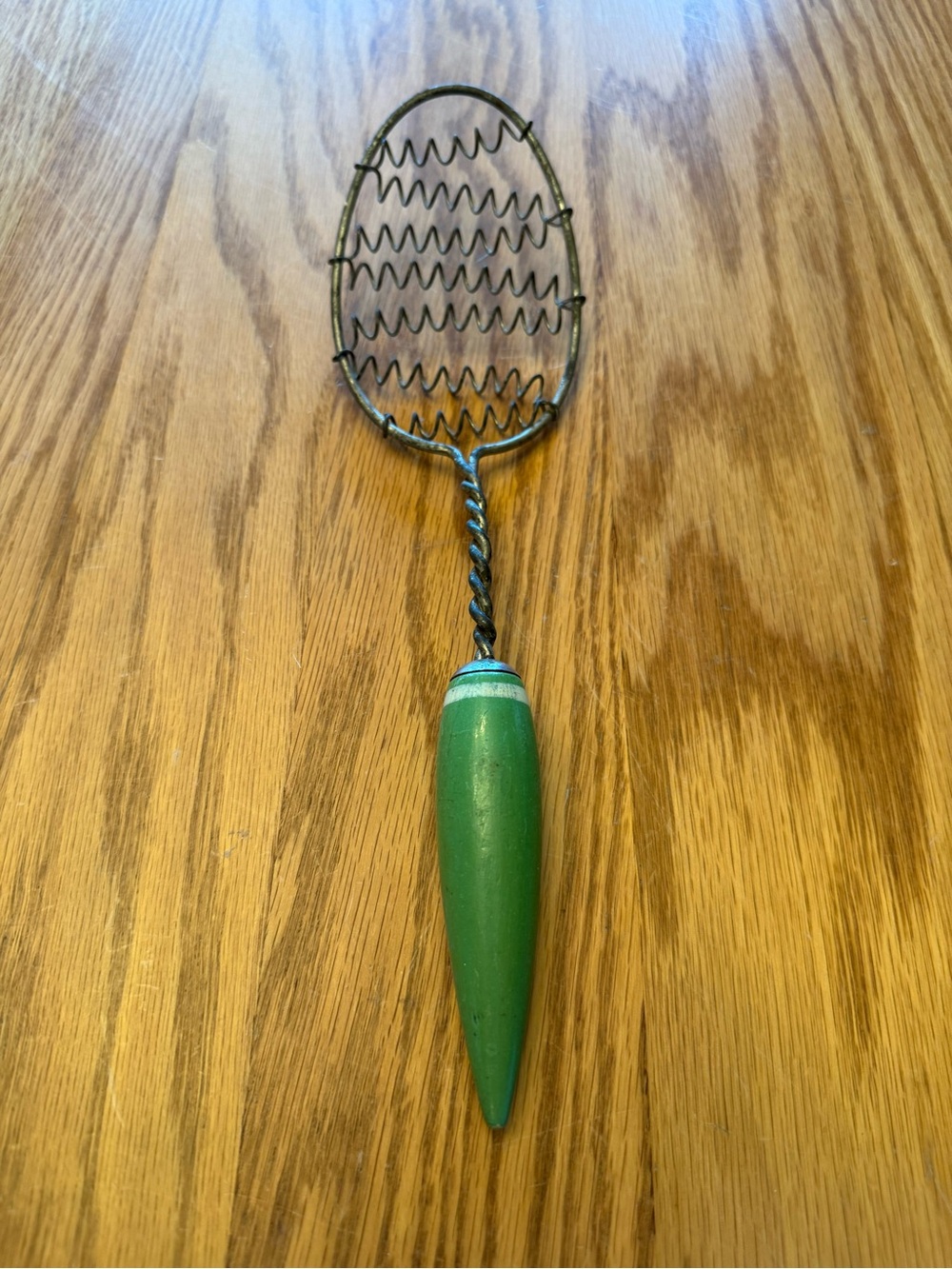 Vintage Spring Coil Twisted Wire Strainer Whisk with Green Painted Wooden Handle